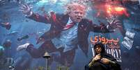Outdoor em Teer&atilde;, mostrando o presidente dos Estados Unidos, Donald Trump, e uma mulher andando em frente, no dia 25 de agosto de 2026  Foto: Anadolu via Getty Images / BBC News Brasil