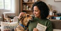 Mulher sentada em um sof&aacute; abra&ccedil;ada com um cachorro sem ra&ccedil;a identificada. Foto: Foto gerada pelo Gemini / Xataka