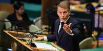 O presidente franc&ecirc;s, Emmanuel Macron, durante discurso na 81&ordf; Assembleia Geral das Na&ccedil;&otilde;es Unidas, em Nova York, em 22 de setembro de 2026.  Foto: REUTERS - Brendan McDermid / RFI