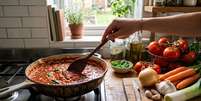 A cenoura libera do&ccedil;ura natural durante o cozimento e ajuda a suavizar a acidez do tomate. Foto: Imagem gerada por intelig&ecirc;ncia artificial / Catraca Livre