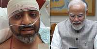 O primeiro-ministro da &Iacute;ndia, Narendra Modi (&agrave; direita), em uma chamada de v&iacute;deo com o piloto da flydubai Smit Machchhar  Foto: NARENDRA MODI YOUTUBE CHANNEL / AFP / Estad&atilde;o