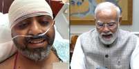 Montagem com as fotos do piloto indiano Smit Machchhar (&agrave; esquerda) e o primeiro-ministro Narendra Modi, que conversaram por liga&ccedil;&atilde;o de v&iacute;deo nesta sexta-feira (2).  Foto: RFI