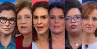 Renata Vasconcellos, Miriam Leitão, Malu Gaspar, Adriana Araújo, Basília Rodrigues e Thais Herédia estão entre as jornalistas de destaque na cobertura eleitoral  Foto: Reproduções