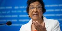 A juíza sul-africana Navi Pillay durante uma coletiva de imprensa em Genebra, em 16 de setembro de 2025.  Foto: © AFP/Fabrice Coffrini / RFI