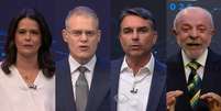 Adriana Ara&uacute;jo, Eduardo Oinegue, Fl&aacute;vio Bolsonaro e Lula: as cores transmitem mensagens  Foto: Reprodu&ccedil;&atilde;o/YouTube/@bandjornalismo
