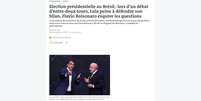 Le Monde: "Eleições presidenciais no Brasil: durante o segundo turno, Lula tem dificuldades para defender seu histórico, enquanto Flávio Bolsonaro se esquiva das perguntas".  Foto: Reprodução/Le Monde