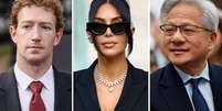 Mark Zuckerberg, chefe da Meta, Kim Kardashian, cofundadora da Skims e estrela de reality show, e Jensen Huang, CEO da Nvidia, em fotos lado a lado.  Foto: Reuters / BBC News Brasil
