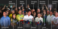 Foto identificando quem estava ao lado de Flávio Bolsonaro durante discurso  Foto: André Borges/EPA/Shutterstock/BBC / BBC News Brasil