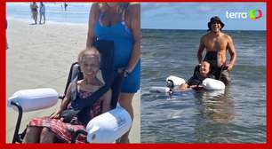Residencial de idosos leva pacientes para banho de mar com cadeiras anfíbias