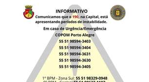 Atenção! 190 fora do ar: Saiba como entrar em contato com a Brigada Militar em Porto Alegre