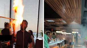 Garçom dispara sistema anti-incêndio de restaurante ao preparar bife de R$ 1.200; assista
