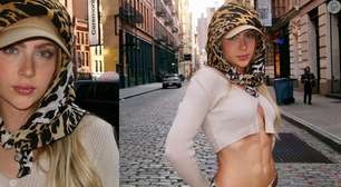 It girl em Nova York! Jade Picon exibe barriga trincada em look animal print com cropped sem sutiã e web reage: 'Icônica'