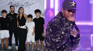 Fãs do Travis Scott! Juliana Paes marca presença com filhos e marido em primeiro dia do Rock in Rio