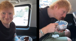 Ed Sheeran come picanha brasileira em marmita no carro antes de cantar no Rock in Rio