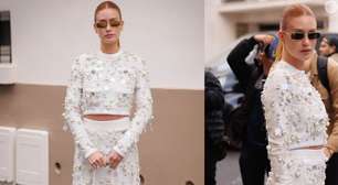 Aula de luxo e estilo! Marina Ruy Barbosa aposta em look all white com pérolas e brilhos para Semana de Moda de Paris 2024