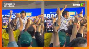 Ricardo Nunes é carregado, pula e canta em festa por resultado do 1º turno em SP