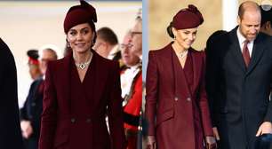 O significado oculto e emocionante do look burgundy de Kate Middleton ao receber 1ª visita internacional após câncer