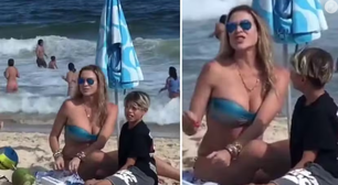 Eita! Luana Piovani dá bronca após reparar que estava sendo filmada na praia ao lado do filho: 'Tá chato. Tá?'. Veja!