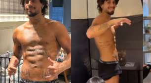 Zé Felipe faz bronzeamento artificial, exibe corpo sarado só de cueca e impressiona Virgínia: 'Tá gato, hein?'