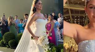 Véu glamouroso e brilho ousado! Camila Ângelo impressiona com dois vestidos luxuosos em novo casamento com Hulk; veja fotos