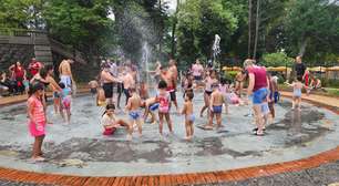 Fonte do Museu do Ipiranga vira 'piscina' para visitantes em dia quente em SP