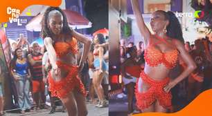 Thelminha dá spoiler de sua fantasia durante ensaio de rua do Salgueiro