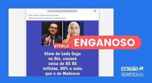 Prefeitura e governo do Rio patrocinaram R$ 30 milhões do show de Lady Gaga, e não R$ 92 milhões