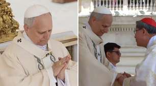 Papa Leão XIV se emociona em cerimônia de início do pontificado