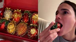 Bruna Marquezine prova morango do amor de R$ 2 mil: 'Da até dó de comer'