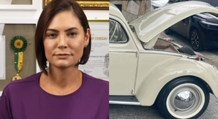 Capô de Fusca de Michelle Bolsonaro é revistado e ex-primeira-dama se irrita: 'Cabe um homem de 1,85m?'