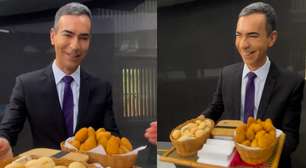 César Tralli ganha coxinhas e pão de queijo de Ana Maria Braga em despedida do 'Jornal Hoje'