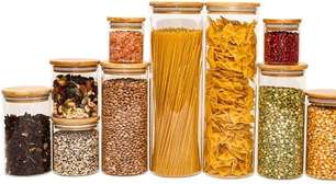 Kit 11 Potes de Vidro com Tampa de Bambu - 38% de desconto!