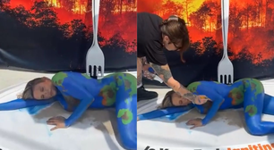 Luísa Mell pinta o corpo em protesto durante a COP 30: 'Seja vegano'