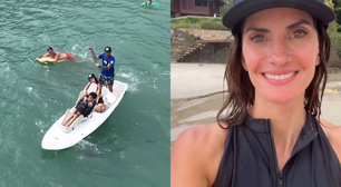 Isabella Fiorentino se emociona ao ver filho com paralisia cerebral surfar em prancha adaptada