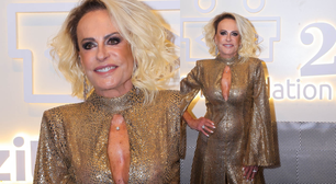 Decotão, brilho e fenda! Ana Maria Braga entrega glamour e sensualidade em look dourado durante noite beneficente no Rio