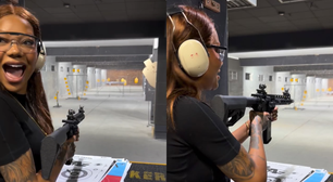 Ludmilla faz aula de tiro e brinca: 'Meu defeito'