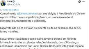 Lula parabeniza Kast por vitória no Chile: 'Seguiremos trabalhando com o novo governo'