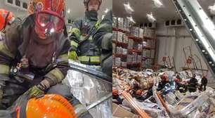 Vídeo mostra Bombeiros resgatando operador de empilhadeira soterrado após queda de prateleiras
