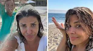 Mara Maravilha brinca com filho único na praia e toma 'areia na cabeça'