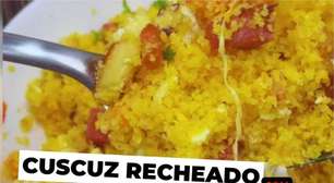Como fazer cuscuz recheado de calabresa e queijo que fica uma delícia e é muito prático