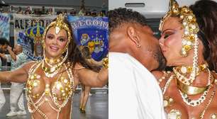 Viviane Araújo participa de ensaio da Mancha Verde e dá beijão em marido; veja fotos