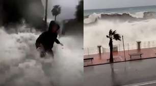 Ciclone Harry: prefeitos são atingidos por onda 'gigante' durante transmissão ao vivo na Itália