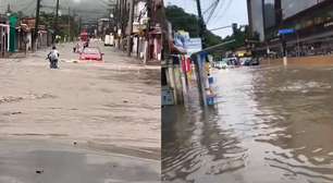 Com bairros alagados, Guarujá recebe 'alerta extremo' por chuvas e tem sirene de emergência acionada