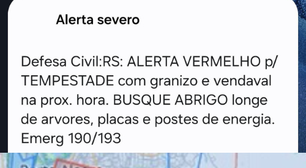 Defesa Civil emite alerta vermelho para tempestades com granizo e ventos fortes na região de Porto Alegre