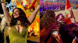 Paolla Oliveira beija bandeira da Grande Rio e mostra interação com Virginia ao assistir desfile na Sapucaí