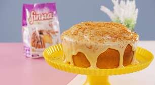 Bolo vulcão de brigadeiro branco com coco queimado fica fofinho e cremoso