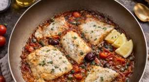Filé de peixe rápido e suculento na panela, sabor mediterrâneo