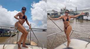 Banho de baldinho: Gretchen se diverte em rio durante passeio no Pará