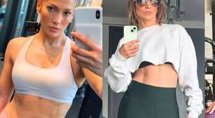 Jennifer Lopez, de 56 anos: 'Assim que acordo, coloco minha roupa de ginástica. Antes eu treinava intensamente; agora treino de forma inteligente: 40 minutos de musculação para não perder massa muscular com a idade'
