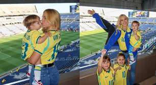 Virginia comemora gol do Brasil com filhos em camarote usando camisa de Vini Jr